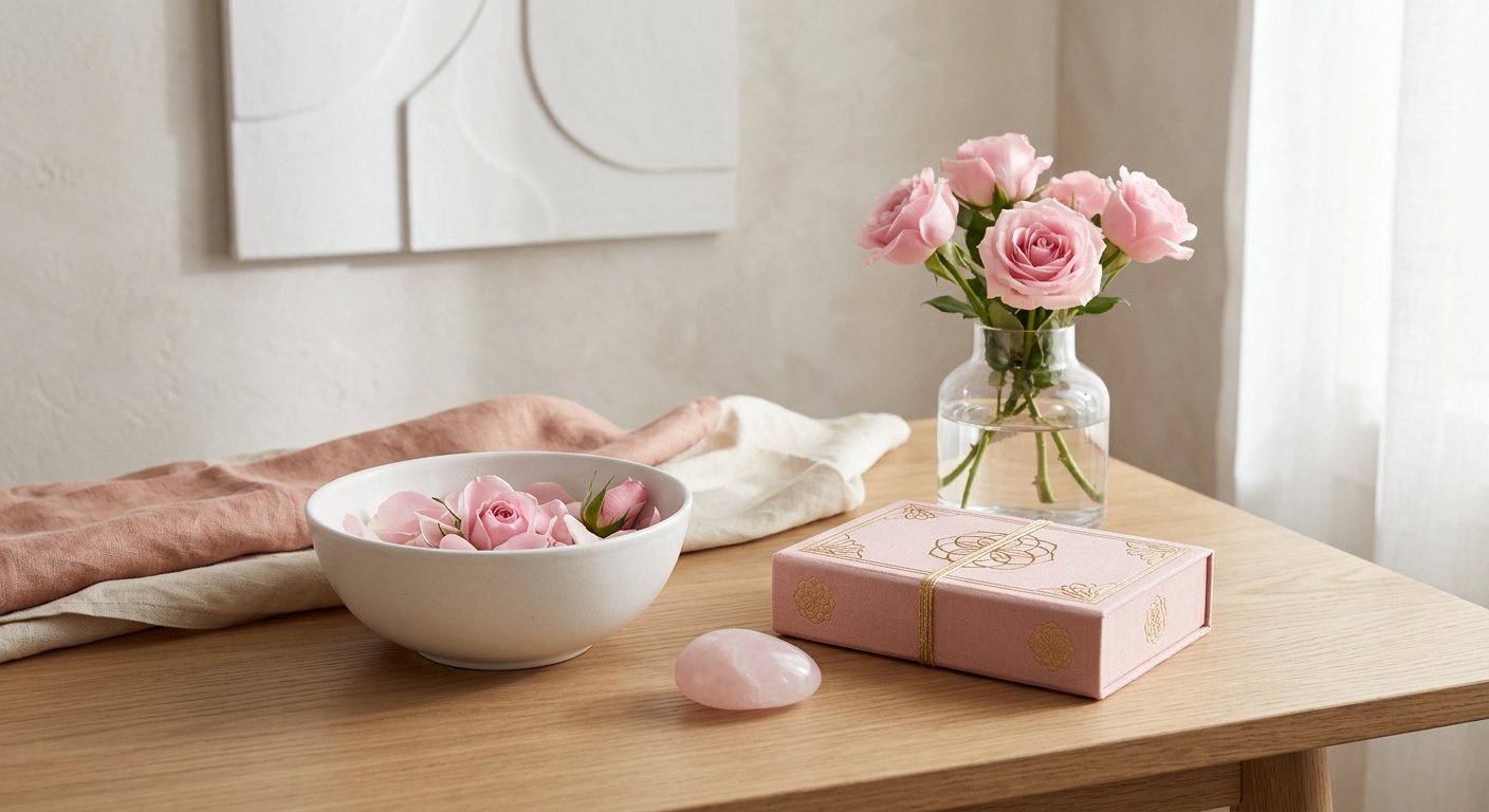 Pink roses, rose petals, and a rose quartz stone arranged on a light wooden table